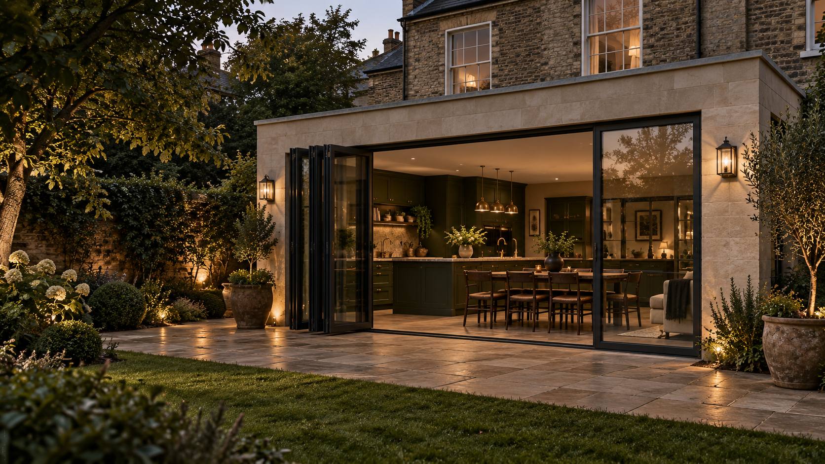 A stone garden extension with warm-lit bifold doors at dusk